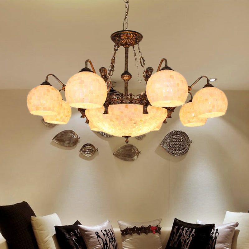 Spherical Shell Ceiling Chandelier Tiffany Style 5/9/11 Lights Bronze Suspension Lighting Clearhalo 'Ceiling Lights' 'Chandeliers' 'Industrial' 'Middle Century Chandeliers' 'Tiffany Chandeliers' 'Tiffany close to ceiling' 'Tiffany' Lighting' 331294