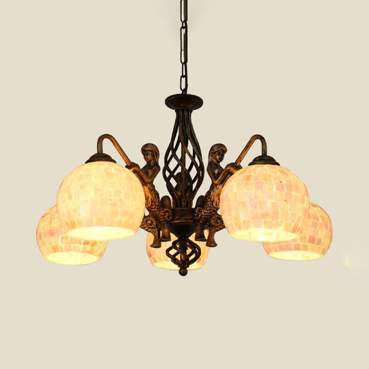 Spherical Shell Ceiling Chandelier Tiffany Style 5/9/11 Lights Bronze Suspension Lighting 5 Bronze Clearhalo 'Ceiling Lights' 'Chandeliers' 'Industrial' 'Middle Century Chandeliers' 'Tiffany Chandeliers' 'Tiffany close to ceiling' 'Tiffany' Lighting' 331300