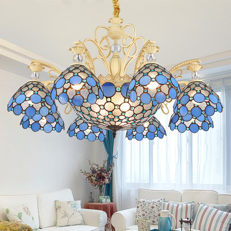 Blue Beaded Chandelier Mediterranean 6/9/11 Lights Stained Art Glass Hanging Pendant Light for Bedroom 11 Blue Clearhalo 'Ceiling Lights' 'Chandeliers' 'Industrial' 'Middle Century Chandeliers' 'Tiffany Chandeliers' 'Tiffany close to ceiling' 'Tiffany' Lighting' 331314