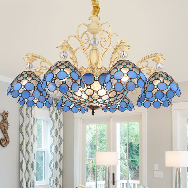 Blue Beaded Chandelier Mediterranean 6/9/11 Lights Stained Art Glass Hanging Pendant Light for Bedroom Clearhalo 'Ceiling Lights' 'Chandeliers' 'Industrial' 'Middle Century Chandeliers' 'Tiffany Chandeliers' 'Tiffany close to ceiling' 'Tiffany' Lighting' 331315