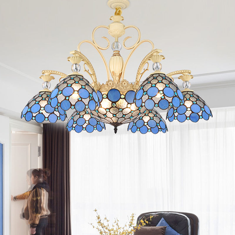 Blue Beaded Chandelier Mediterranean 6/9/11 Lights Stained Art Glass Hanging Pendant Light for Bedroom 9 Blue Clearhalo 'Ceiling Lights' 'Chandeliers' 'Industrial' 'Middle Century Chandeliers' 'Tiffany Chandeliers' 'Tiffany close to ceiling' 'Tiffany' Lighting' 331319