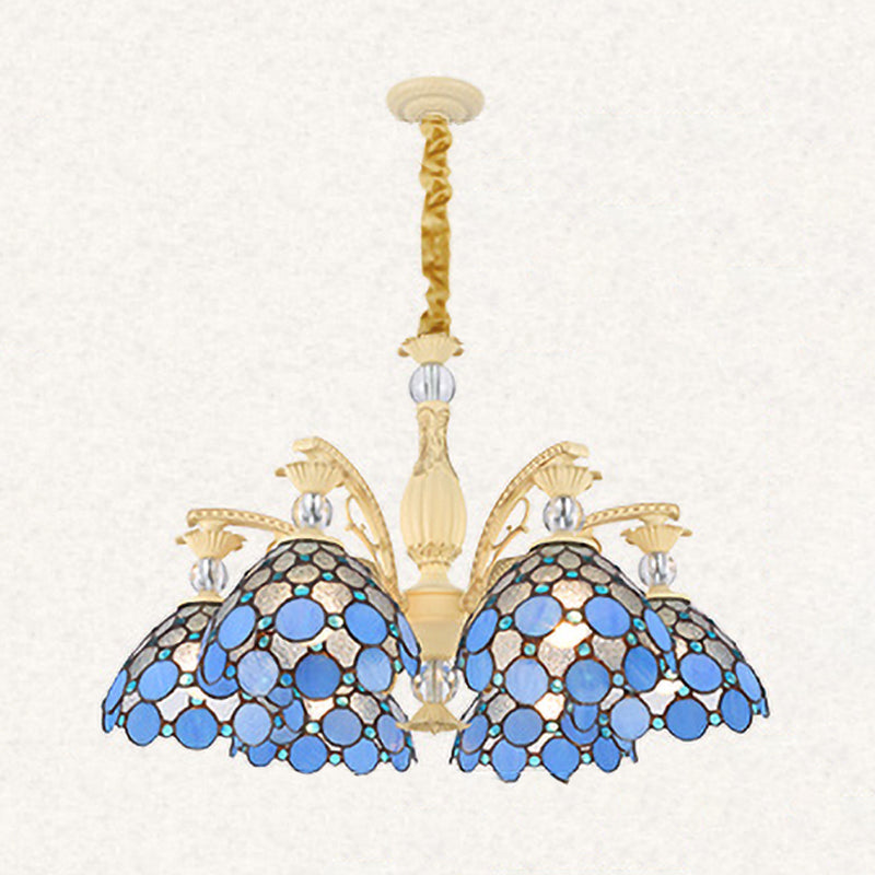 Blue Beaded Chandelier Mediterranean 6/9/11 Lights Stained Art Glass Hanging Pendant Light for Bedroom 6 Blue Clearhalo 'Ceiling Lights' 'Chandeliers' 'Industrial' 'Middle Century Chandeliers' 'Tiffany Chandeliers' 'Tiffany close to ceiling' 'Tiffany' Lighting' 331322