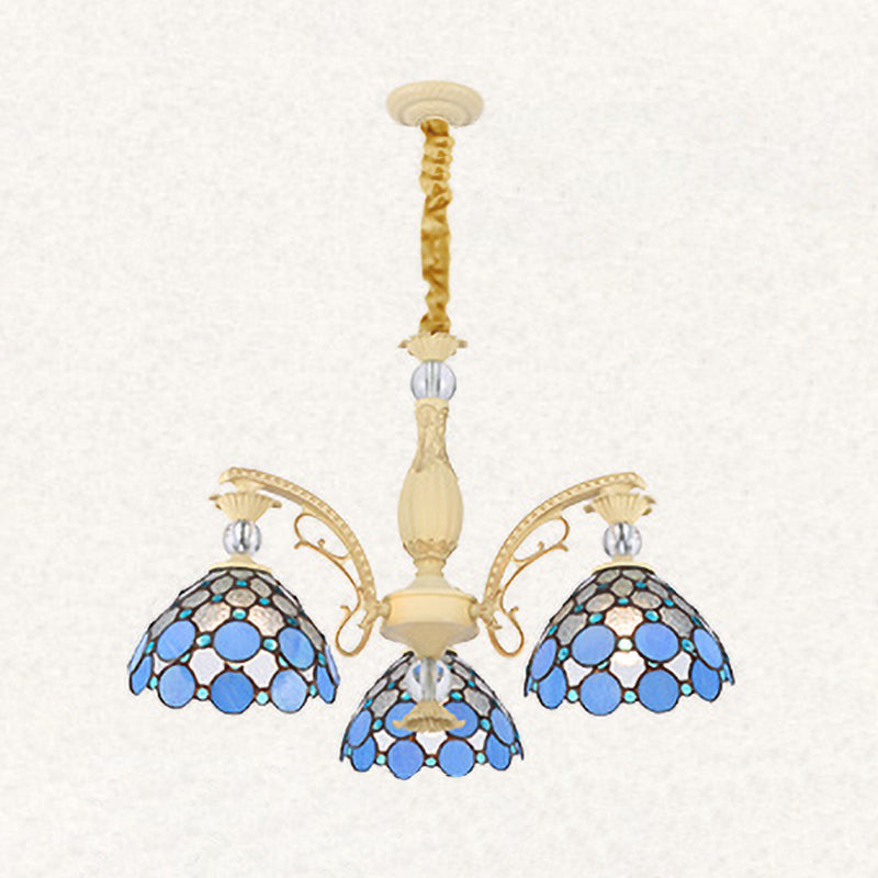 Blue Beaded Chandelier Mediterranean 6/9/11 Lights Stained Art Glass Hanging Pendant Light for Bedroom 3 Blue Clearhalo 'Ceiling Lights' 'Chandeliers' 'Industrial' 'Middle Century Chandeliers' 'Tiffany Chandeliers' 'Tiffany close to ceiling' 'Tiffany' Lighting' 331326