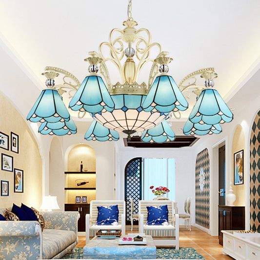 9/11 Lights Chandelier Light Baroque Conical Blue Glass Suspension Lighting Fixture for Kitchen 11 Blue Clearhalo 'Ceiling Lights' 'Chandeliers' 'Industrial' 'Middle Century Chandeliers' 'Tiffany Chandeliers' 'Tiffany close to ceiling' 'Tiffany' Lighting' 331343