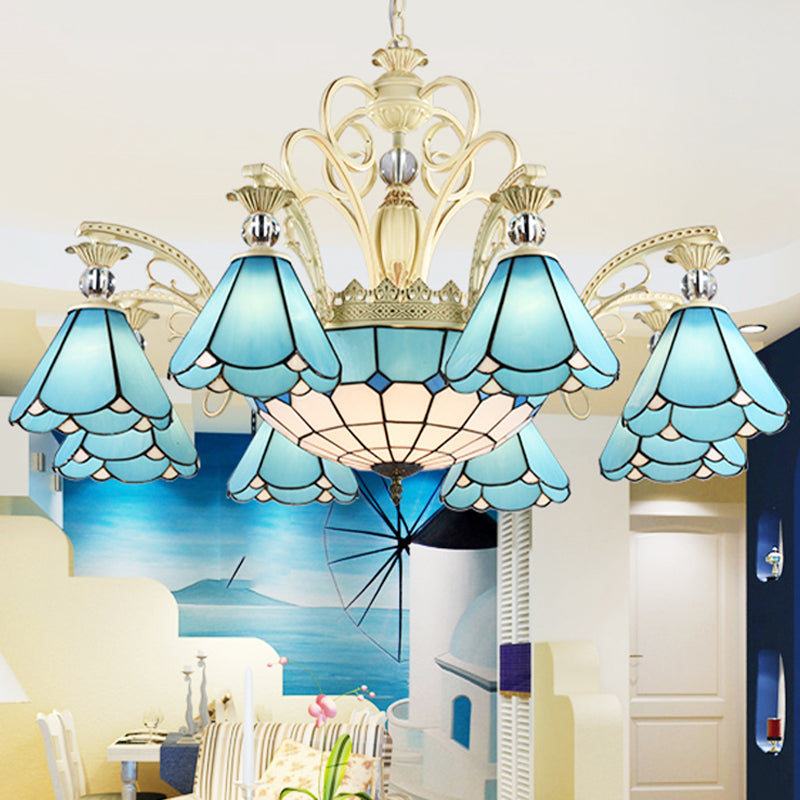 9/11 Lights Chandelier Light Baroque Conical Blue Glass Suspension Lighting Fixture for Kitchen Clearhalo 'Ceiling Lights' 'Chandeliers' 'Industrial' 'Middle Century Chandeliers' 'Tiffany Chandeliers' 'Tiffany close to ceiling' 'Tiffany' Lighting' 331344