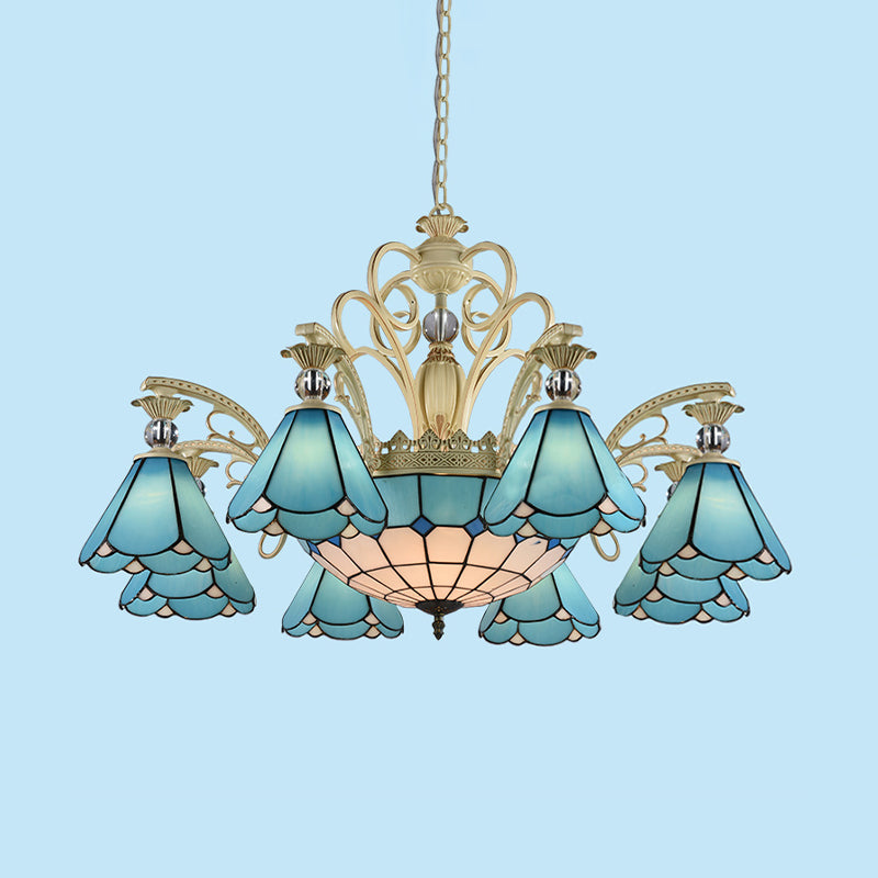 9/11 Lights Chandelier Light Baroque Conical Blue Glass Suspension Lighting Fixture for Kitchen Clearhalo 'Ceiling Lights' 'Chandeliers' 'Industrial' 'Middle Century Chandeliers' 'Tiffany Chandeliers' 'Tiffany close to ceiling' 'Tiffany' Lighting' 331345