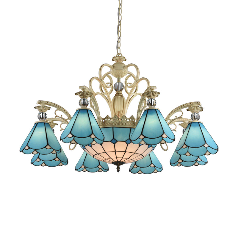 9/11 Lights Chandelier Light Baroque Conical Blue Glass Suspension Lighting Fixture for Kitchen Clearhalo 'Ceiling Lights' 'Chandeliers' 'Industrial' 'Middle Century Chandeliers' 'Tiffany Chandeliers' 'Tiffany close to ceiling' 'Tiffany' Lighting' 331346