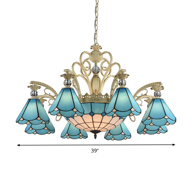 9/11 Lights Chandelier Light Baroque Conical Blue Glass Suspension Lighting Fixture for Kitchen Clearhalo 'Ceiling Lights' 'Chandeliers' 'Industrial' 'Middle Century Chandeliers' 'Tiffany Chandeliers' 'Tiffany close to ceiling' 'Tiffany' Lighting' 331347