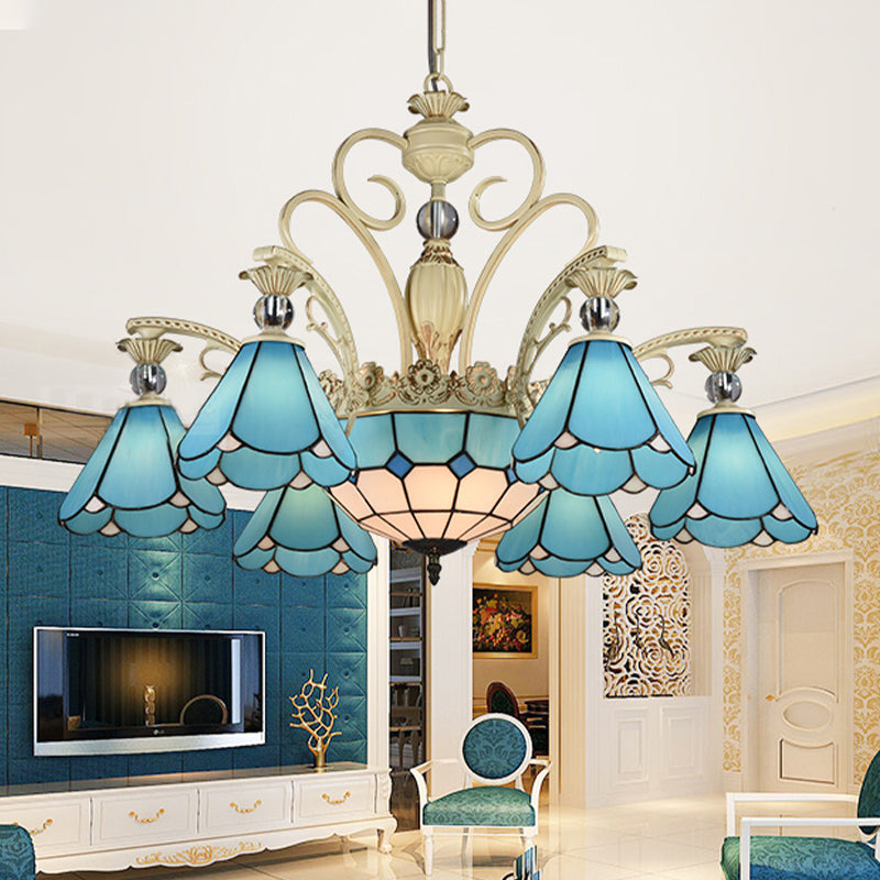 9/11 Lights Chandelier Light Baroque Conical Blue Glass Suspension Lighting Fixture for Kitchen 9 Blue Clearhalo 'Ceiling Lights' 'Chandeliers' 'Industrial' 'Middle Century Chandeliers' 'Tiffany Chandeliers' 'Tiffany close to ceiling' 'Tiffany' Lighting' 331348