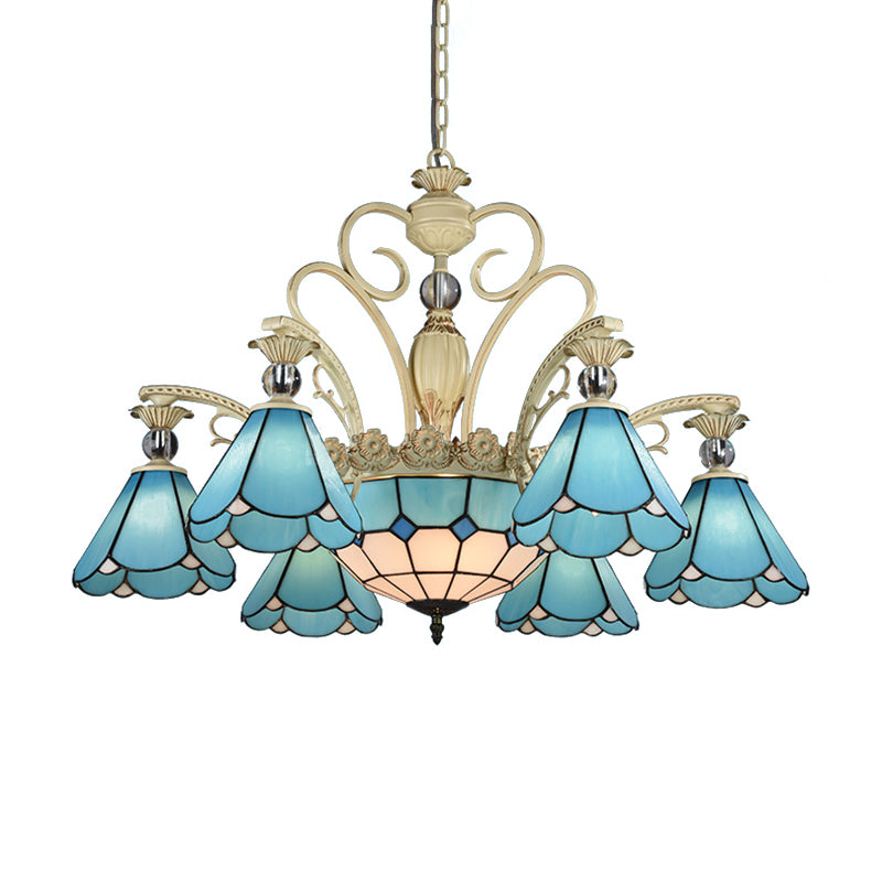 9/11 Lights Chandelier Light Baroque Conical Blue Glass Suspension Lighting Fixture for Kitchen Clearhalo 'Ceiling Lights' 'Chandeliers' 'Industrial' 'Middle Century Chandeliers' 'Tiffany Chandeliers' 'Tiffany close to ceiling' 'Tiffany' Lighting' 331349
