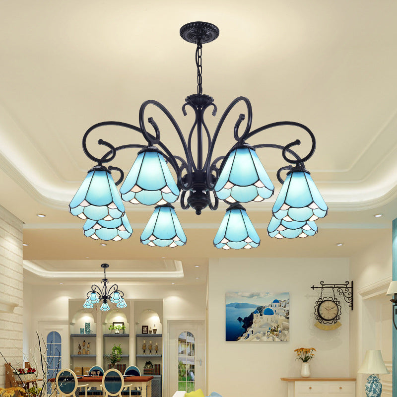 Black 5/6/8 Lights Chandelier Light Fixture Tiffany Style Blue Glass Cone Hanging Lamp Kit 8 Blue Clearhalo 'Ceiling Lights' 'Chandeliers' 'Industrial' 'Middle Century Chandeliers' 'Tiffany Chandeliers' 'Tiffany close to ceiling' 'Tiffany' Lighting' 331361