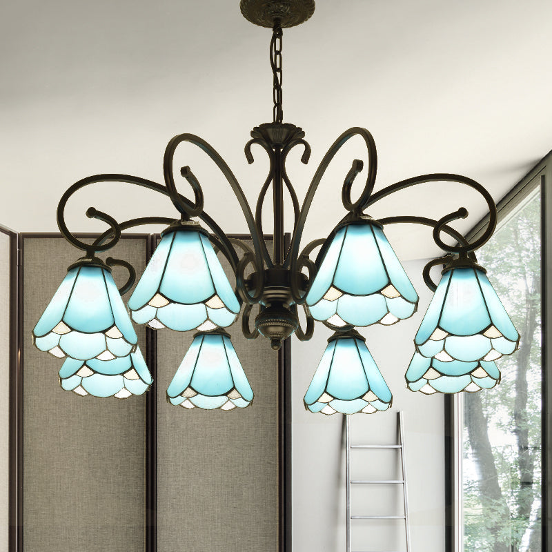 Black 5/6/8 Lights Chandelier Light Fixture Tiffany Style Blue Glass Cone Hanging Lamp Kit Clearhalo 'Ceiling Lights' 'Chandeliers' 'Industrial' 'Middle Century Chandeliers' 'Tiffany Chandeliers' 'Tiffany close to ceiling' 'Tiffany' Lighting' 331362