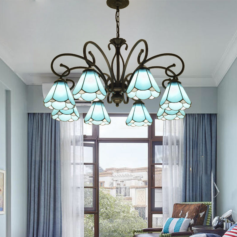 Black 5/6/8 Lights Chandelier Light Fixture Tiffany Style Blue Glass Cone Hanging Lamp Kit Clearhalo 'Ceiling Lights' 'Chandeliers' 'Industrial' 'Middle Century Chandeliers' 'Tiffany Chandeliers' 'Tiffany close to ceiling' 'Tiffany' Lighting' 331363