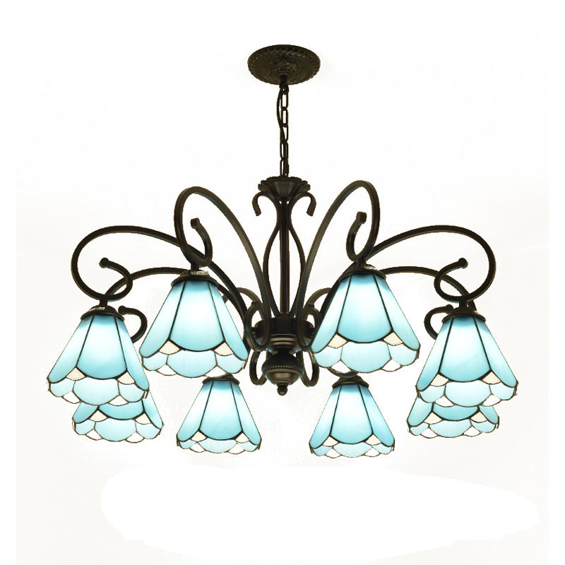 Black 5/6/8 Lights Chandelier Light Fixture Tiffany Style Blue Glass Cone Hanging Lamp Kit Clearhalo 'Ceiling Lights' 'Chandeliers' 'Industrial' 'Middle Century Chandeliers' 'Tiffany Chandeliers' 'Tiffany close to ceiling' 'Tiffany' Lighting' 331364