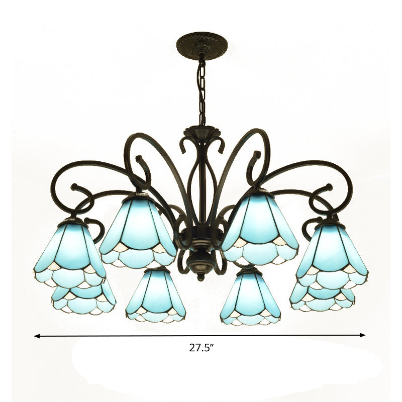 Black 5/6/8 Lights Chandelier Light Fixture Tiffany Style Blue Glass Cone Hanging Lamp Kit Clearhalo 'Ceiling Lights' 'Chandeliers' 'Industrial' 'Middle Century Chandeliers' 'Tiffany Chandeliers' 'Tiffany close to ceiling' 'Tiffany' Lighting' 331365