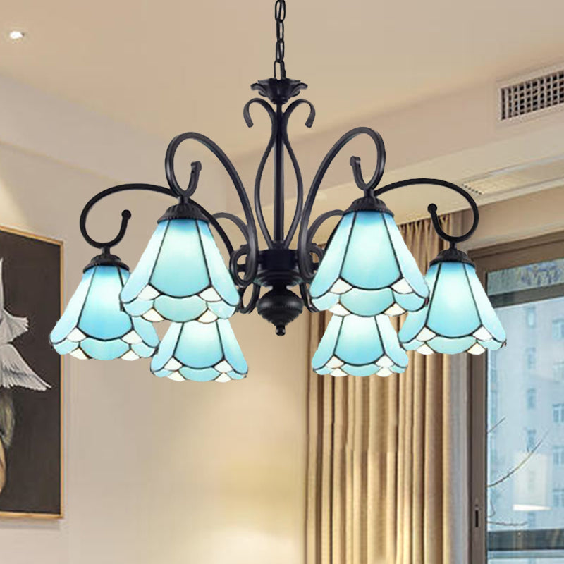 Black 5/6/8 Lights Chandelier Light Fixture Tiffany Style Blue Glass Cone Hanging Lamp Kit 6 Blue Clearhalo 'Ceiling Lights' 'Chandeliers' 'Industrial' 'Middle Century Chandeliers' 'Tiffany Chandeliers' 'Tiffany close to ceiling' 'Tiffany' Lighting' 331366