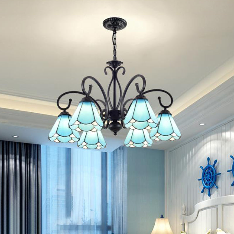 Black 5/6/8 Lights Chandelier Light Fixture Tiffany Style Blue Glass Cone Hanging Lamp Kit Clearhalo 'Ceiling Lights' 'Chandeliers' 'Industrial' 'Middle Century Chandeliers' 'Tiffany Chandeliers' 'Tiffany close to ceiling' 'Tiffany' Lighting' 331367