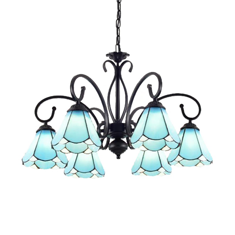 Black 5/6/8 Lights Chandelier Light Fixture Tiffany Style Blue Glass Cone Hanging Lamp Kit Clearhalo 'Ceiling Lights' 'Chandeliers' 'Industrial' 'Middle Century Chandeliers' 'Tiffany Chandeliers' 'Tiffany close to ceiling' 'Tiffany' Lighting' 331368