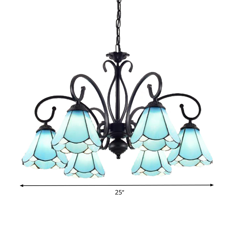 Black 5/6/8 Lights Chandelier Light Fixture Tiffany Style Blue Glass Cone Hanging Lamp Kit Clearhalo 'Ceiling Lights' 'Chandeliers' 'Industrial' 'Middle Century Chandeliers' 'Tiffany Chandeliers' 'Tiffany close to ceiling' 'Tiffany' Lighting' 331369