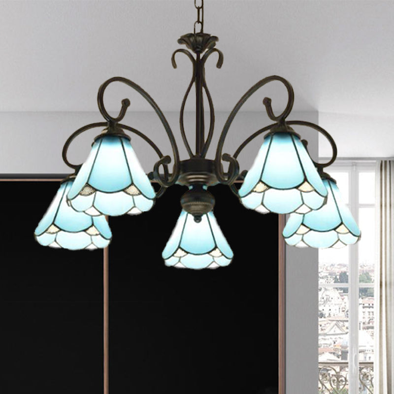 Black 5/6/8 Lights Chandelier Light Fixture Tiffany Style Blue Glass Cone Hanging Lamp Kit 5 Blue Clearhalo 'Ceiling Lights' 'Chandeliers' 'Industrial' 'Middle Century Chandeliers' 'Tiffany Chandeliers' 'Tiffany close to ceiling' 'Tiffany' Lighting' 331370