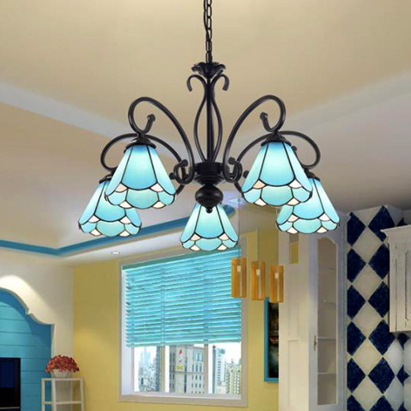 Black 5/6/8 Lights Chandelier Light Fixture Tiffany Style Blue Glass Cone Hanging Lamp Kit Clearhalo 'Ceiling Lights' 'Chandeliers' 'Industrial' 'Middle Century Chandeliers' 'Tiffany Chandeliers' 'Tiffany close to ceiling' 'Tiffany' Lighting' 331371