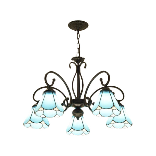 Black 5/6/8 Lights Chandelier Light Fixture Tiffany Style Blue Glass Cone Hanging Lamp Kit Clearhalo 'Ceiling Lights' 'Chandeliers' 'Industrial' 'Middle Century Chandeliers' 'Tiffany Chandeliers' 'Tiffany close to ceiling' 'Tiffany' Lighting' 331372