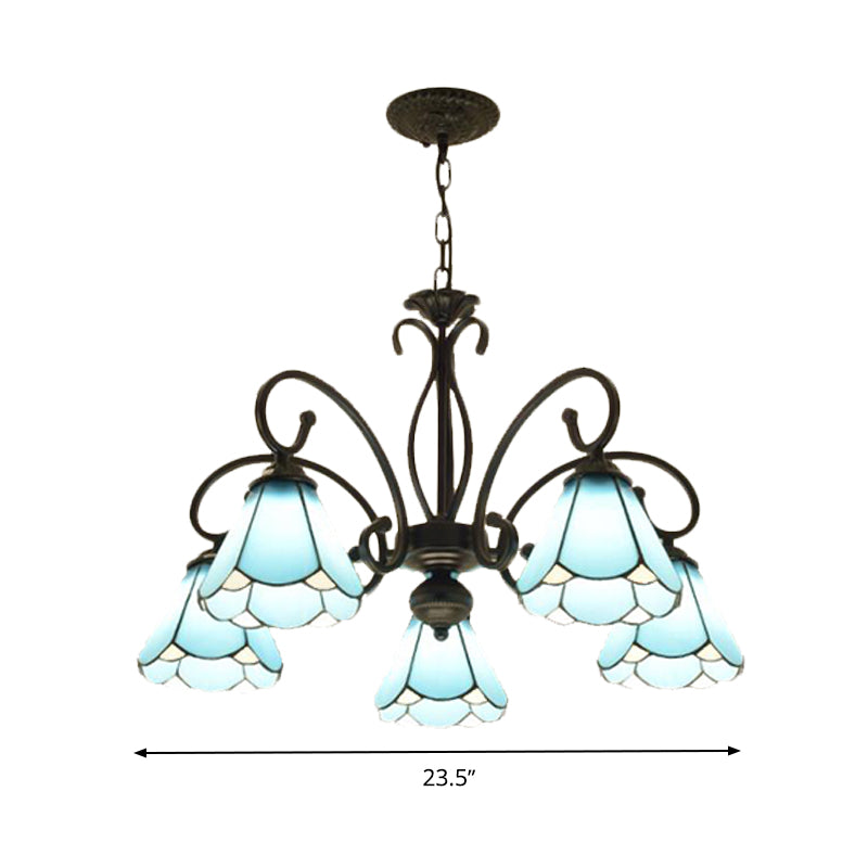 Black 5/6/8 Lights Chandelier Light Fixture Tiffany Style Blue Glass Cone Hanging Lamp Kit Clearhalo 'Ceiling Lights' 'Chandeliers' 'Industrial' 'Middle Century Chandeliers' 'Tiffany Chandeliers' 'Tiffany close to ceiling' 'Tiffany' Lighting' 331373