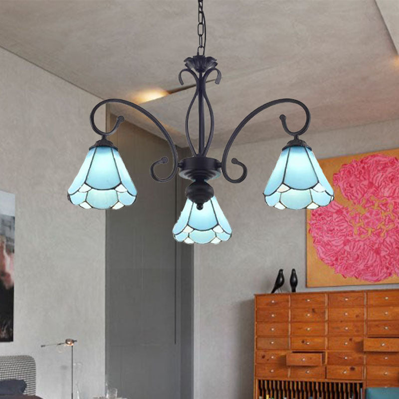 Black 5/6/8 Lights Chandelier Light Fixture Tiffany Style Blue Glass Cone Hanging Lamp Kit Clearhalo 'Ceiling Lights' 'Chandeliers' 'Industrial' 'Middle Century Chandeliers' 'Tiffany Chandeliers' 'Tiffany close to ceiling' 'Tiffany' Lighting' 331375