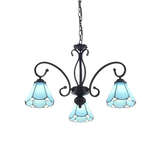 Black 5/6/8 Lights Chandelier Light Fixture Tiffany Style Blue Glass Cone Hanging Lamp Kit Clearhalo 'Ceiling Lights' 'Chandeliers' 'Industrial' 'Middle Century Chandeliers' 'Tiffany Chandeliers' 'Tiffany close to ceiling' 'Tiffany' Lighting' 331376