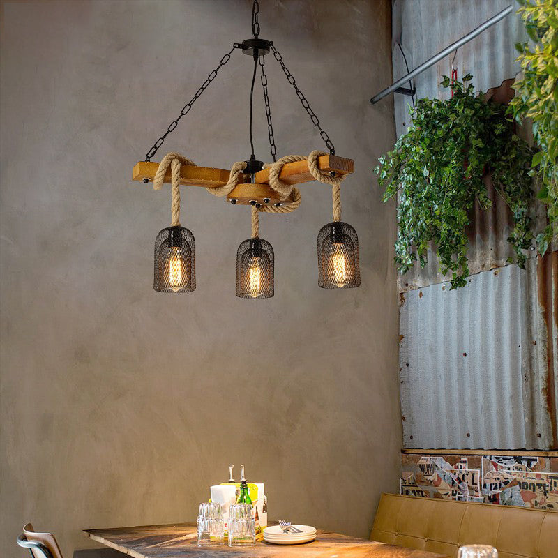 Wire Mesh Restaurant Ceiling Fixture Wood and Rope 3/6 Lights Lodge Stylish Pendant Lighting with Base in Brown Clearhalo 'Carpenter Chandeliers' 'Ceiling Lights' 'Chandeliers' 'Industrial Chandeliers' 'Industrial' 'Middle Century Chandeliers' 'Modern' 'Tiffany' Lighting' 331380