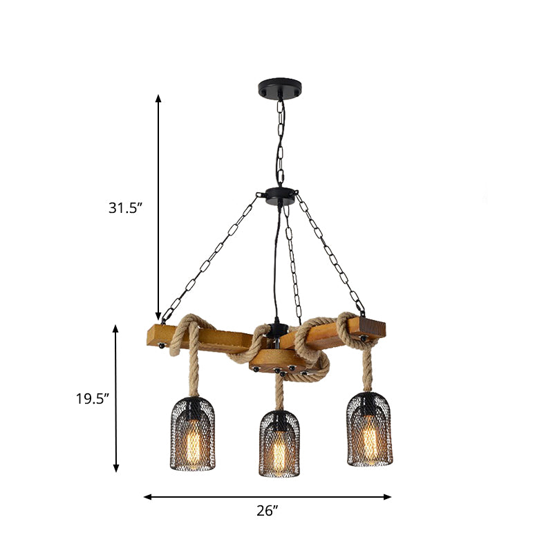 Wire Mesh Restaurant Ceiling Fixture Wood and Rope 3/6 Lights Lodge Stylish Pendant Lighting with Base in Brown Clearhalo 'Carpenter Chandeliers' 'Ceiling Lights' 'Chandeliers' 'Industrial Chandeliers' 'Industrial' 'Middle Century Chandeliers' 'Modern' 'Tiffany' Lighting' 331382