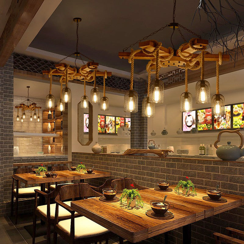 Wire Mesh Restaurant Ceiling Fixture Wood and Rope 3/6 Lights Lodge Stylish Pendant Lighting with Base in Brown Clearhalo 'Carpenter Chandeliers' 'Ceiling Lights' 'Chandeliers' 'Industrial Chandeliers' 'Industrial' 'Middle Century Chandeliers' 'Modern' 'Tiffany' Lighting' 331384