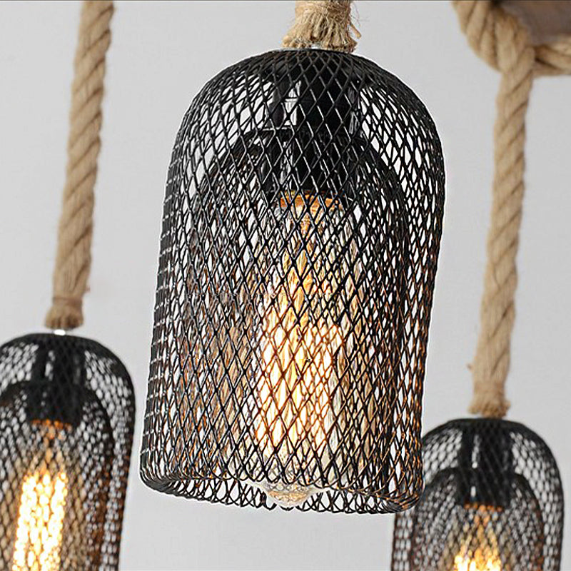 Wire Mesh Restaurant Ceiling Fixture Wood and Rope 3/6 Lights Lodge Stylish Pendant Lighting with Base in Brown Clearhalo 'Carpenter Chandeliers' 'Ceiling Lights' 'Chandeliers' 'Industrial Chandeliers' 'Industrial' 'Middle Century Chandeliers' 'Modern' 'Tiffany' Lighting' 331387