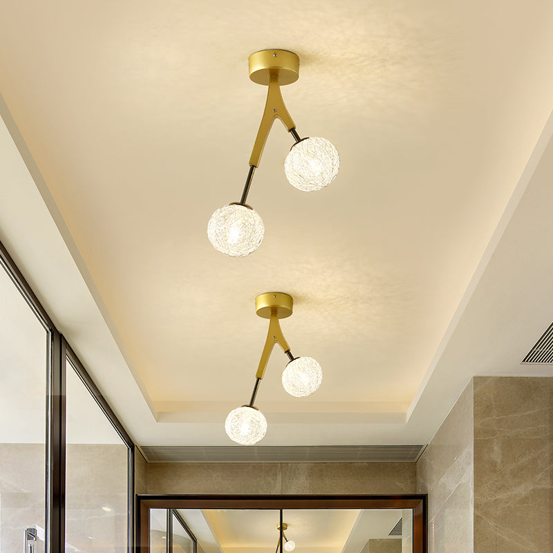 Handwoven Ball Semi Flush Light Fixture Modern 1 Head Ceiling Flush Mount in Gold Finish Gold A Clearhalo 'Ceiling Lights' 'Close To Ceiling Lights' 'Close to ceiling' 'Flush mount' Lighting' 331388