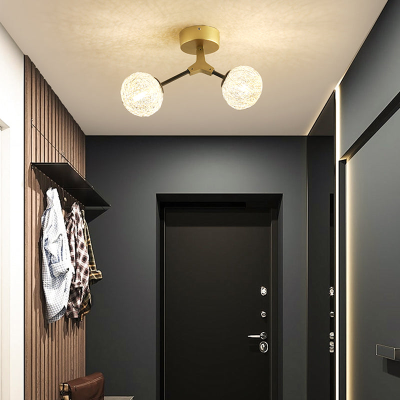 Handwoven Ball Semi Flush Light Fixture Modern 1 Head Ceiling Flush Mount in Gold Finish Gold B Clearhalo 'Ceiling Lights' 'Close To Ceiling Lights' 'Close to ceiling' 'Flush mount' Lighting' 331393