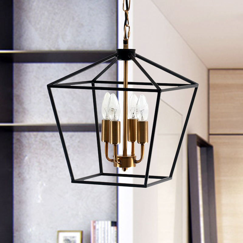 4-Light Indoor Hanging Chandelier Lamp Industrial Style Black Pendant Light with Wire Cage Metal Shade Clearhalo 'Cast Iron' 'Ceiling Lights' 'Chandeliers' 'Industrial Chandeliers' 'Industrial' 'Metal' 'Middle Century Chandeliers' 'Rustic Chandeliers' 'Tiffany' Lighting' 331411