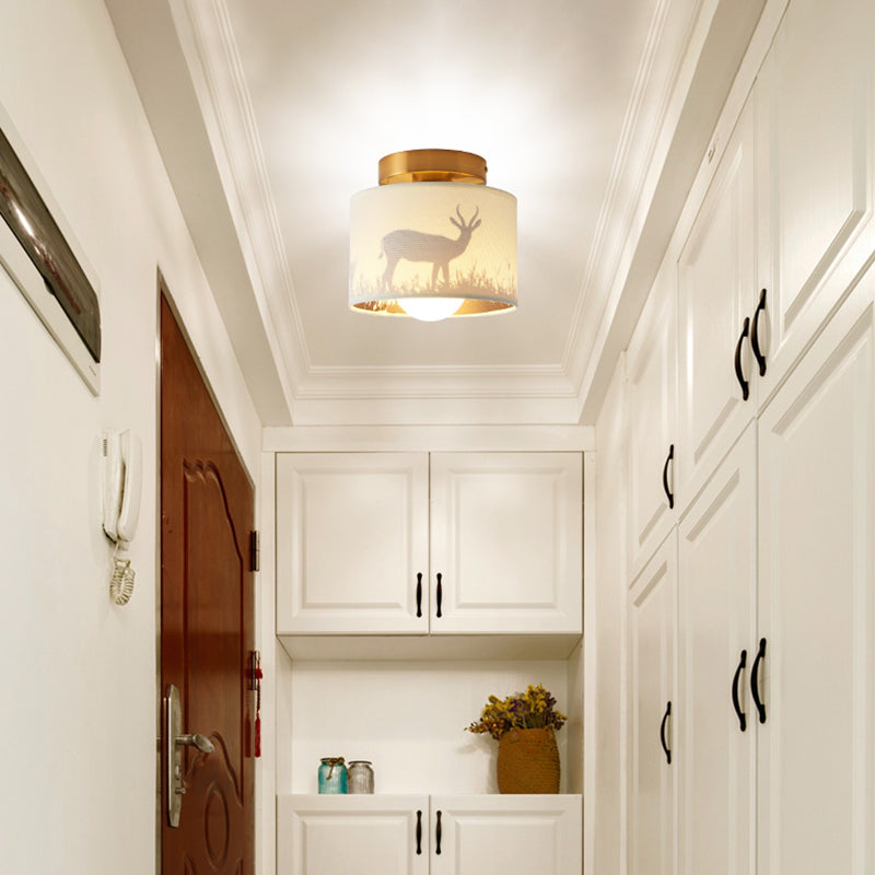 Fabric Cylinder Flush Mount Fixture with Flower/Deer Pattern Nordic 1 Bulb Flush Mount Ceiling Light for Foyer Clearhalo 'Ceiling Lights' 'Close To Ceiling Lights' 'Close to ceiling' 'Semi-flushmount' Lighting' 331447
