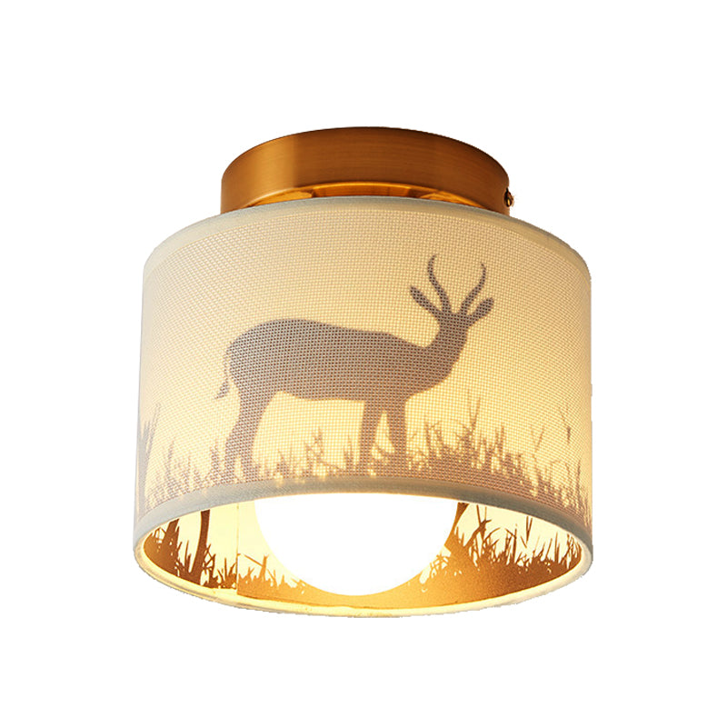 Fabric Cylinder Flush Mount Fixture with Flower/Deer Pattern Nordic 1 Bulb Flush Mount Ceiling Light for Foyer Clearhalo 'Ceiling Lights' 'Close To Ceiling Lights' 'Close to ceiling' 'Semi-flushmount' Lighting' 331448