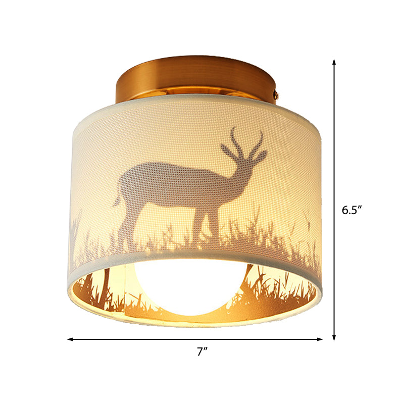 Fabric Cylinder Flush Mount Fixture with Flower/Deer Pattern Nordic 1 Bulb Flush Mount Ceiling Light for Foyer Clearhalo 'Ceiling Lights' 'Close To Ceiling Lights' 'Close to ceiling' 'Semi-flushmount' Lighting' 331449