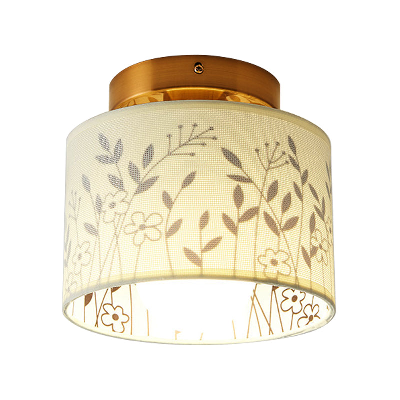 Fabric Cylinder Flush Mount Fixture with Flower/Deer Pattern Nordic 1 Bulb Flush Mount Ceiling Light for Foyer Clearhalo 'Ceiling Lights' 'Close To Ceiling Lights' 'Close to ceiling' 'Semi-flushmount' Lighting' 331452
