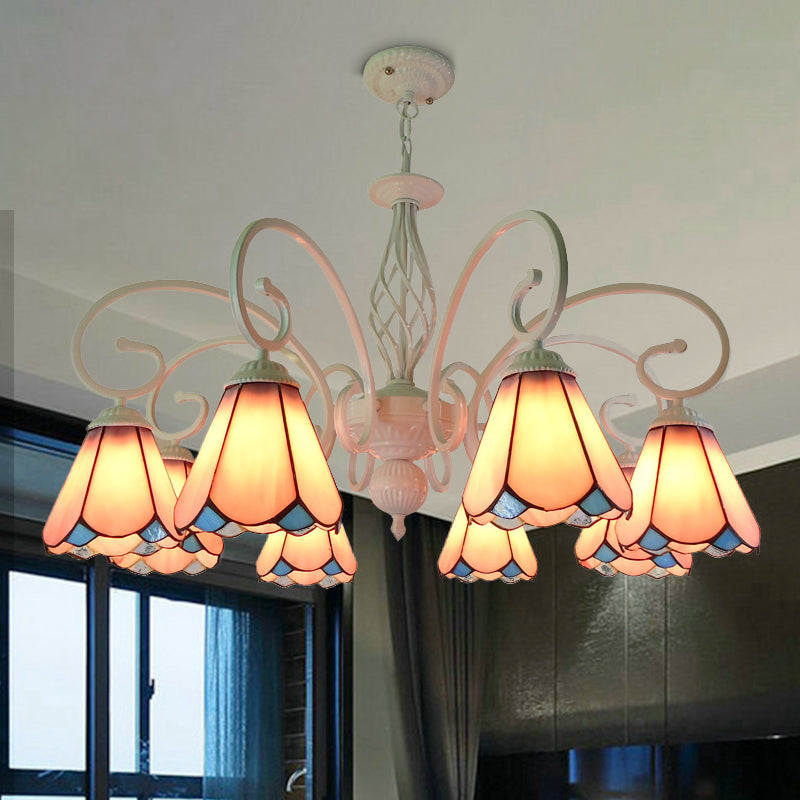 Arched Chandelier Lighting Fixture 5/6/8 Lights White/Blue Glass Tiffany Stylish Hanging Pendant for Bedroom Clearhalo 'Ceiling Lights' 'Chandeliers' 'Industrial' 'Middle Century Chandeliers' 'Tiffany Chandeliers' 'Tiffany close to ceiling' 'Tiffany' Lighting' 331461
