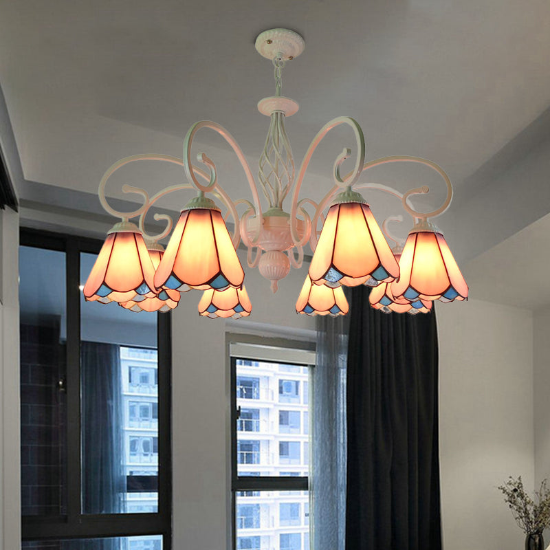 Arched Chandelier Lighting Fixture 5/6/8 Lights White/Blue Glass Tiffany Stylish Hanging Pendant for Bedroom Clearhalo 'Ceiling Lights' 'Chandeliers' 'Industrial' 'Middle Century Chandeliers' 'Tiffany Chandeliers' 'Tiffany close to ceiling' 'Tiffany' Lighting' 331462