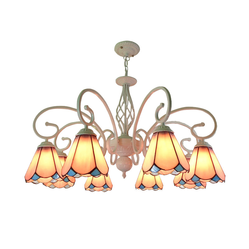 Arched Chandelier Lighting Fixture 5/6/8 Lights White/Blue Glass Tiffany Stylish Hanging Pendant for Bedroom Clearhalo 'Ceiling Lights' 'Chandeliers' 'Industrial' 'Middle Century Chandeliers' 'Tiffany Chandeliers' 'Tiffany close to ceiling' 'Tiffany' Lighting' 331463