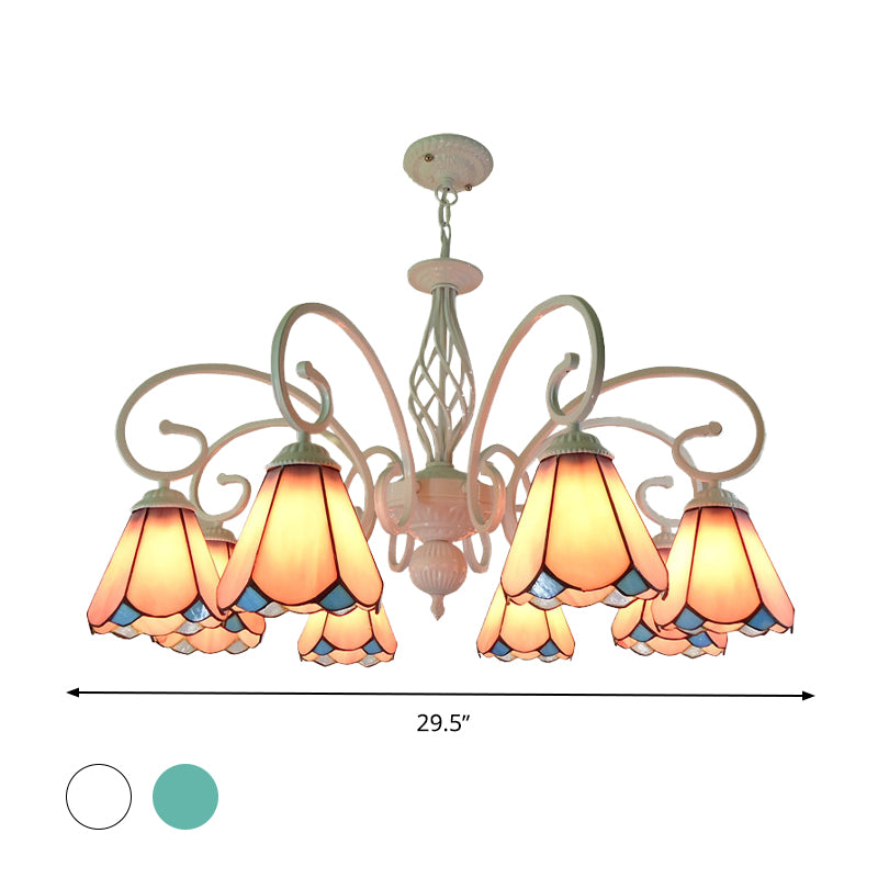 Arched Chandelier Lighting Fixture 5/6/8 Lights White/Blue Glass Tiffany Stylish Hanging Pendant for Bedroom Clearhalo 'Ceiling Lights' 'Chandeliers' 'Industrial' 'Middle Century Chandeliers' 'Tiffany Chandeliers' 'Tiffany close to ceiling' 'Tiffany' Lighting' 331464