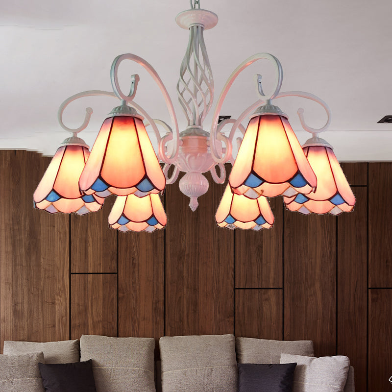 Arched Chandelier Lighting Fixture 5/6/8 Lights White/Blue Glass Tiffany Stylish Hanging Pendant for Bedroom 6 White Clearhalo 'Ceiling Lights' 'Chandeliers' 'Industrial' 'Middle Century Chandeliers' 'Tiffany Chandeliers' 'Tiffany close to ceiling' 'Tiffany' Lighting' 331465