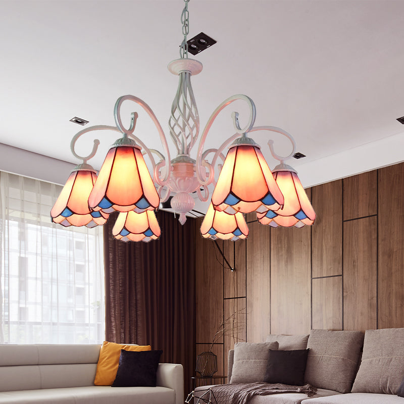 Arched Chandelier Lighting Fixture 5/6/8 Lights White/Blue Glass Tiffany Stylish Hanging Pendant for Bedroom Clearhalo 'Ceiling Lights' 'Chandeliers' 'Industrial' 'Middle Century Chandeliers' 'Tiffany Chandeliers' 'Tiffany close to ceiling' 'Tiffany' Lighting' 331466