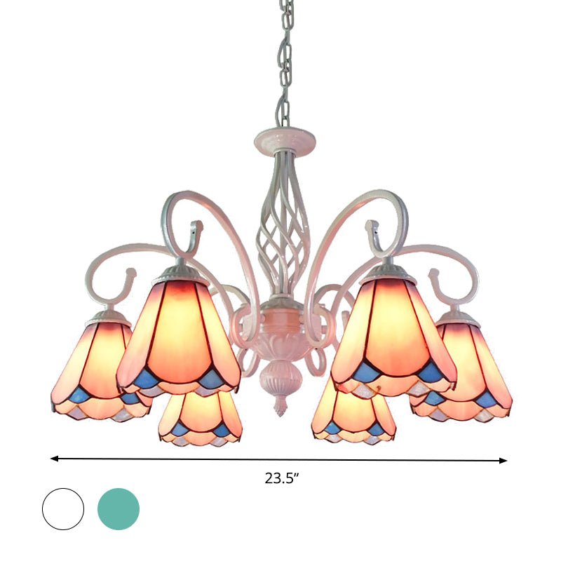 Arched Chandelier Lighting Fixture 5/6/8 Lights White/Blue Glass Tiffany Stylish Hanging Pendant for Bedroom Clearhalo 'Ceiling Lights' 'Chandeliers' 'Industrial' 'Middle Century Chandeliers' 'Tiffany Chandeliers' 'Tiffany close to ceiling' 'Tiffany' Lighting' 331468