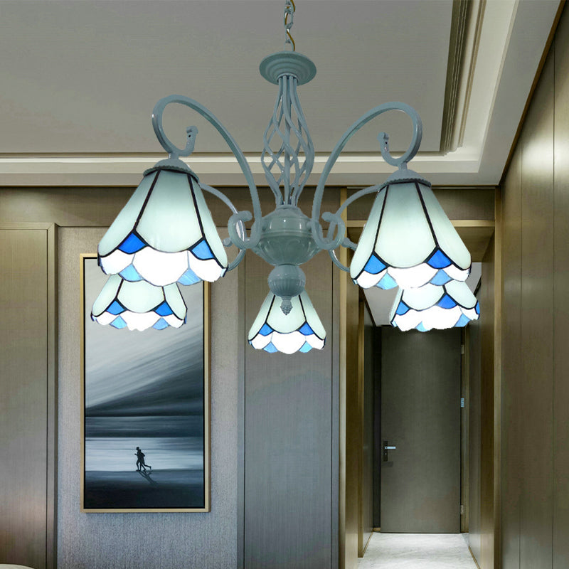 Arched Chandelier Lighting Fixture 5/6/8 Lights White/Blue Glass Tiffany Stylish Hanging Pendant for Bedroom 5 White Clearhalo 'Ceiling Lights' 'Chandeliers' 'Industrial' 'Middle Century Chandeliers' 'Tiffany Chandeliers' 'Tiffany close to ceiling' 'Tiffany' Lighting' 331469