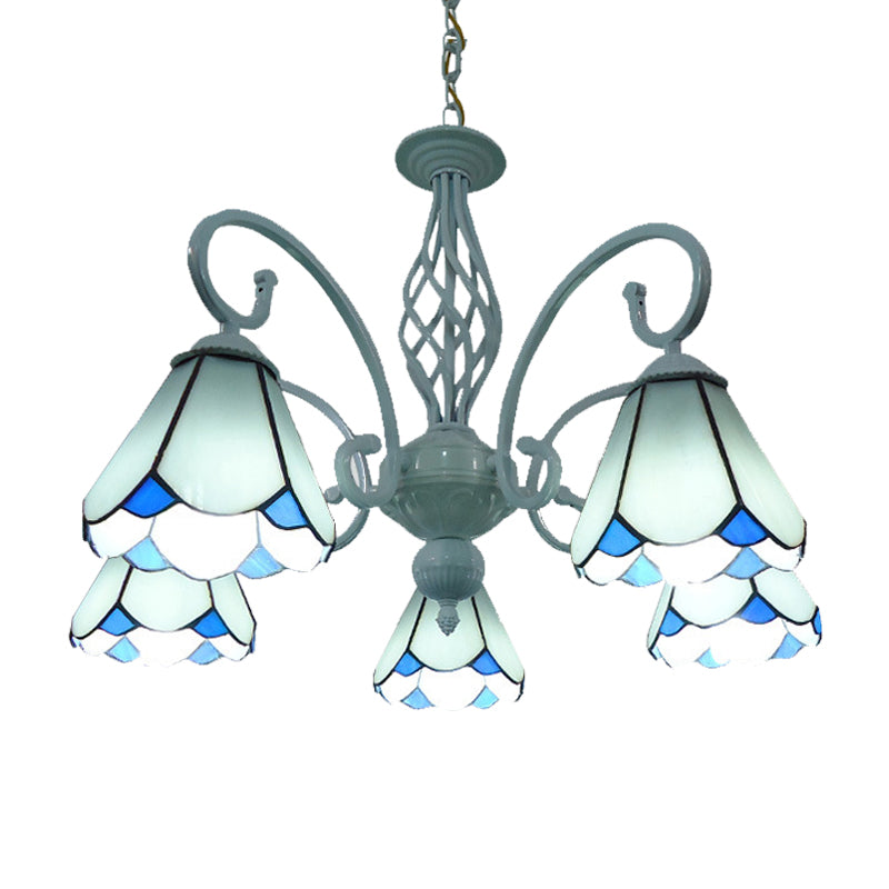Arched Chandelier Lighting Fixture 5/6/8 Lights White/Blue Glass Tiffany Stylish Hanging Pendant for Bedroom Clearhalo 'Ceiling Lights' 'Chandeliers' 'Industrial' 'Middle Century Chandeliers' 'Tiffany Chandeliers' 'Tiffany close to ceiling' 'Tiffany' Lighting' 331470