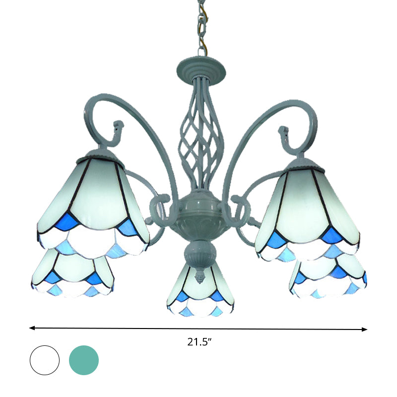 Arched Chandelier Lighting Fixture 5/6/8 Lights White/Blue Glass Tiffany Stylish Hanging Pendant for Bedroom Clearhalo 'Ceiling Lights' 'Chandeliers' 'Industrial' 'Middle Century Chandeliers' 'Tiffany Chandeliers' 'Tiffany close to ceiling' 'Tiffany' Lighting' 331471